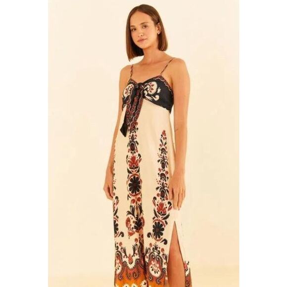 Vintage FARM RIO Dress Womens Flower Rug Midi Size G Large Tie Front Boho RARE - Picture 2 of 16